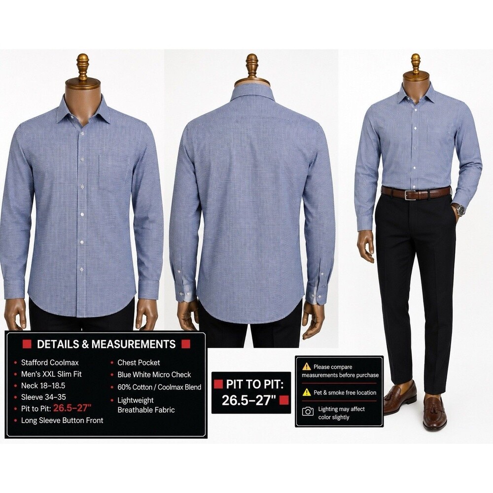Stafford Button Down Shirt Mens XXL Blue Check Slim Fit Blue White  18-.18.5